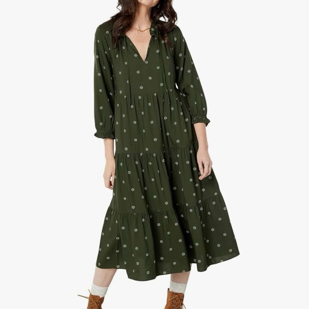 Madewell Tie Neck Tiered Midi Dress in Stardot